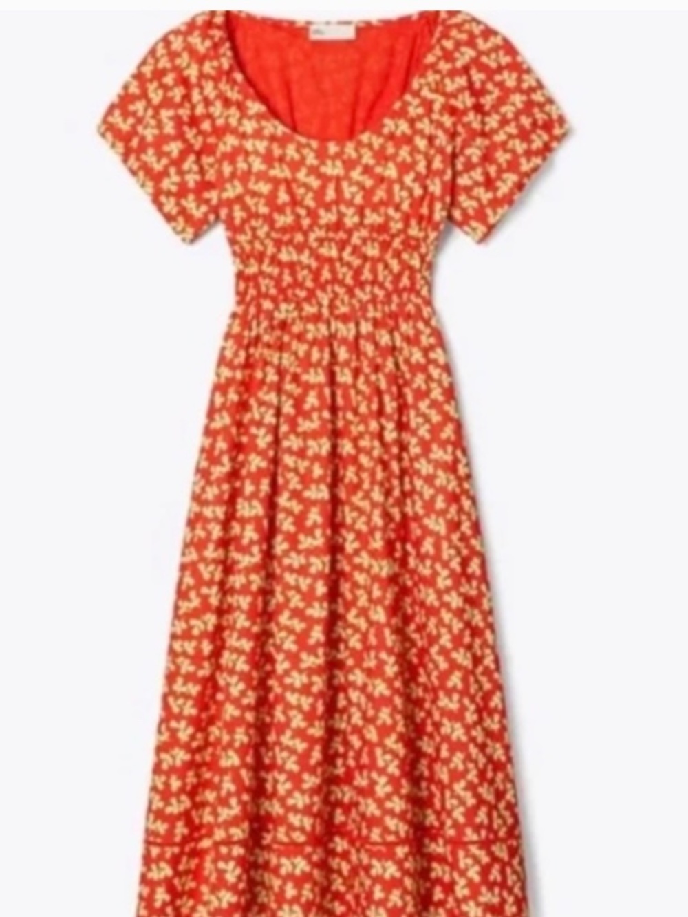 Tory Burch Red Floral Little Leaves Smocked Midi Dress Pockets Size 2 NWOT - Picture 6 of 9